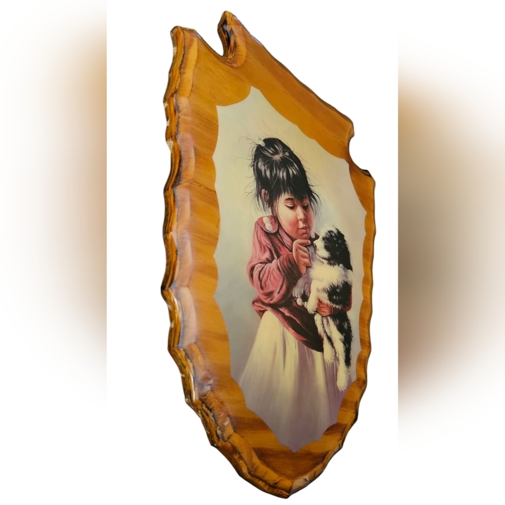 Vintage Handmade Wooden Plaque Girl Holding Puppy Wall Art Rustic Cottage Decor - Picture 2 of 7